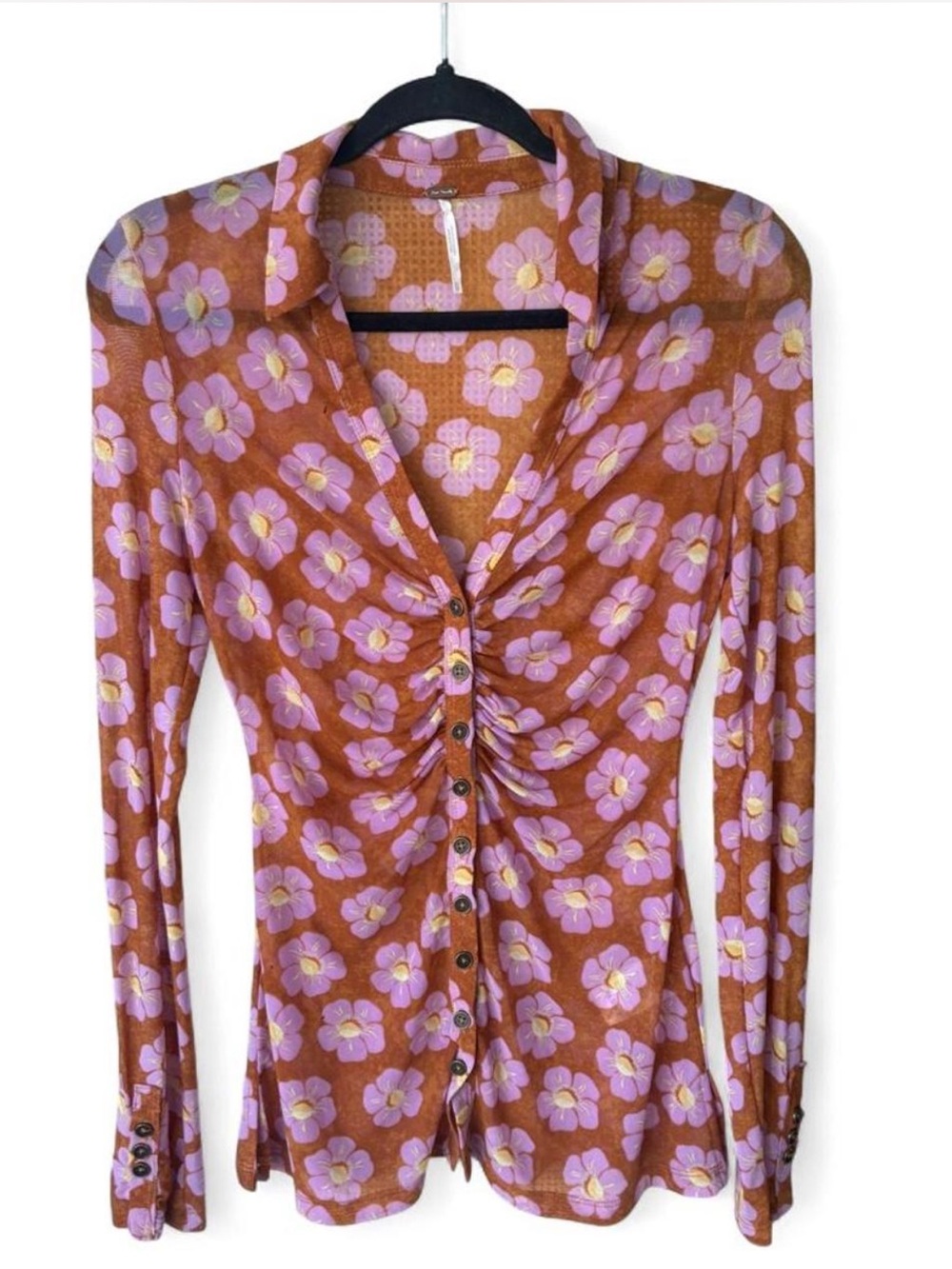 Free People Brown Floral Ruched Button-Down Top with Pink Flowers